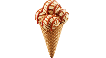 Ice cream cone with scoops of caramel swirl and sauce on transparent background. Sweet summer dessert concept. Food banner for menu.