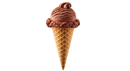 Chocolate ice cream scoop in a waffle cone with topping on transparent background. Summer dessert menu for sweet food concept.