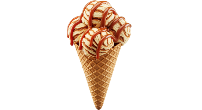 Ice cream cone with scoops of caramel swirl and sauce on transparent background. Sweet summer dessert concept. Food banner for menu.