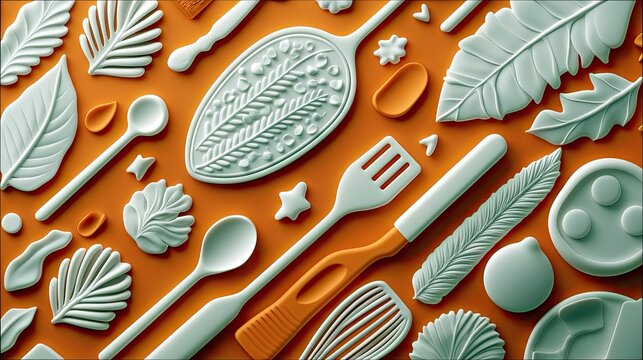 Overhead shot of various kitchen utensils and decorative elements arranged on a vibrant orange background. The utensils include spoons, spatula, whisk, and knif