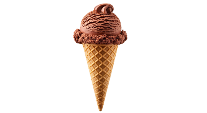Chocolate ice cream scoop in a waffle cone with topping on transparent background. Summer dessert menu for sweet food concept. - Powered by Adobe