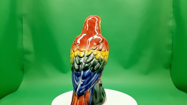 Vibrant parrot figurine on green studio backdrop in video.