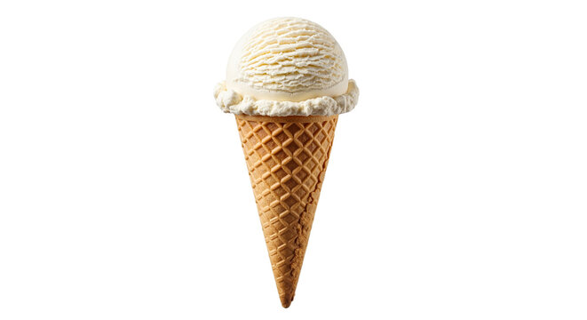 Single scoop of vanilla ice cream in a waffle cone on transparent background. Sweet dessert for summer menu or food advertisement.
