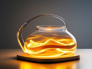 Glass kettle filled with glowing orange liquid resting on a wooden surface in soft light