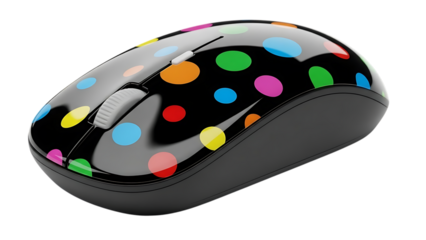Black computer mouse with colorful polka dots isolated on transparent background