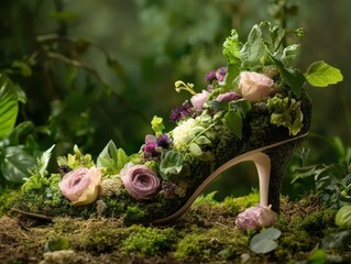 Stylish high heel adorned with vibrant flowers and greenery in a serene garden setting