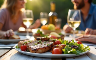 Backyard dinner table have a tasty grilled BBQ meat, Salads and wine with happy joyful people on background. High quality