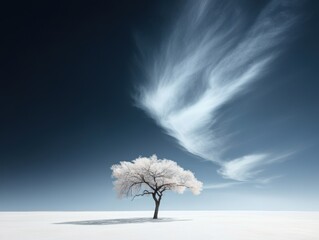 Lone tree stands in a vast snow-covered landscape under a blue sky with wispy clouds