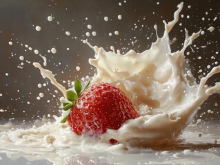 Fresh strawberry splashes into creamy milk creating an exquisite moment of culinary delight