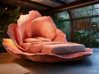 Unique pink flower shaped bed design in modern bedroom with natural surroundings