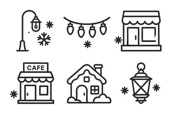 Obraz premium Festive winter icons: shop, café, cottage, string lights, streetlamp in black and gray