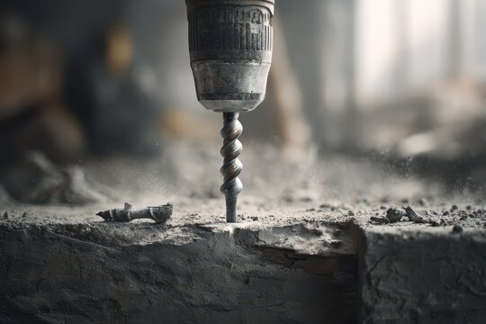 Macro view of a metal fastener threading into dense masonry