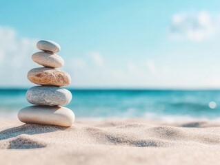 Balanced stones create a serene focal point on sandy beach with calming ocean waves in the background