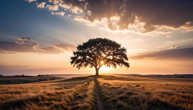 A lone tree stands on a grassy hill, silhouetted against a vibrant sunset with a dramatic sky.