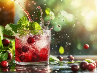Refreshing drink splashes with cranberries and mint in a sunny setting
