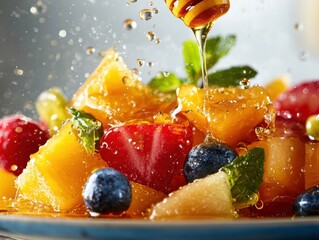 Fresh fruit salad with honey drizzle and mint leaves in a vibrant setting