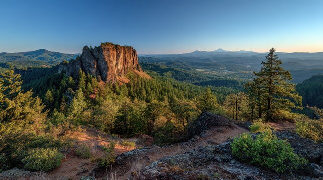 Majestic rock formation above pine forest in the Pacific Northwest near Ashland, Oregon