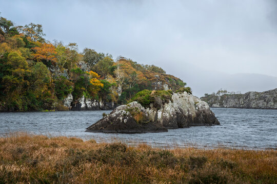 Autumn view of Owengarriff River with glacially sculpted rock, colorful shoreline, and dark rippled water in Kerry