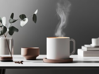 Freshly brewed coffee steaming in a cozy setting with greenery and books on a modern table