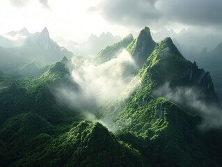 Lush green mountains surrounded by mist during early morning light in a serene natural landscape