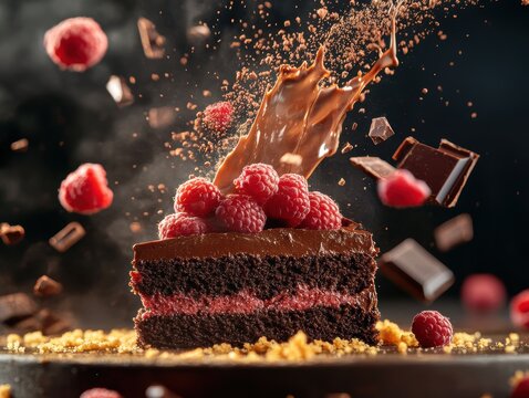 Delicious chocolate cake with raspberries and chocolate splashes in a rich, dessert scene - Powered by Adobe