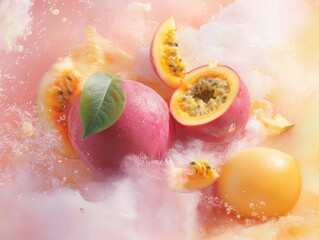 Fresh fruits splash in vibrant water creating a lively tropical scene