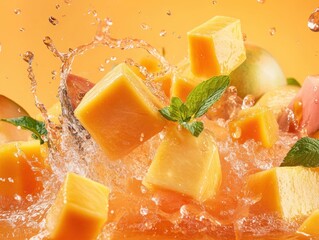 Fresh fruit splash in a vibrant setting with cubes of mango and mint leaves in orange juice