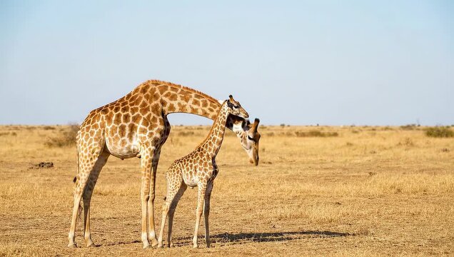 A mother giraffe and her calf stand together in the African savanna under a clear blue sky.
