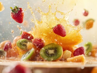 Fresh fruit splash creates vibrant visual of strawberries, kiwi, and citrus explosion in kitchen setting