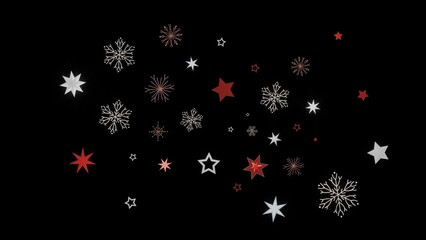 Festive background with red and white stars and snowflakes on a black background. Perfect for Christmas, winter, or holiday designs.