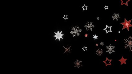 Festive holiday background with red and white stars and snowflakes on a black background. Perfect for Christmas cards, invitations, and winter