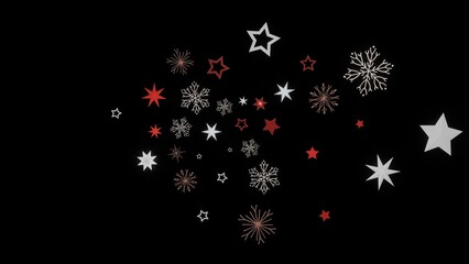 Festive holiday background with red and white stars and snowflakes on a black background. Perfect for Christmas or New Year's designs.