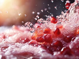 Pomegranate seeds burst in vibrant red splash with sparkling bubbles at sunny afternoon