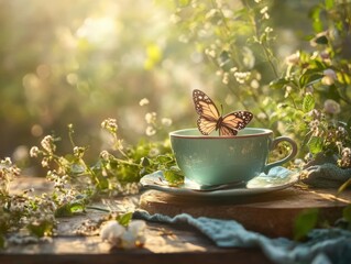Butterfly resting on a teal cup in a garden filled with flowers and sunlight during the afternoon