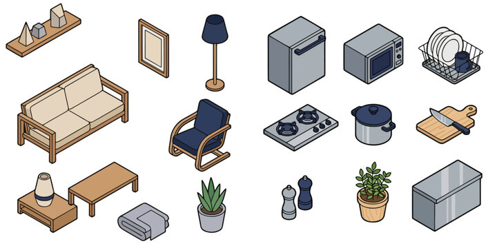 Set of isometric home interior furniture and kitchen equipment vector illustration including sofa and stove