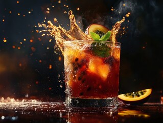 Refreshing cocktail splashes in a glass with vibrant fruit garnishes during a lively evening setting