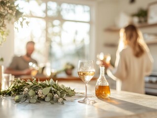 Elegant wine tasting in a bright kitchen with fresh greenery and relaxed conversations
