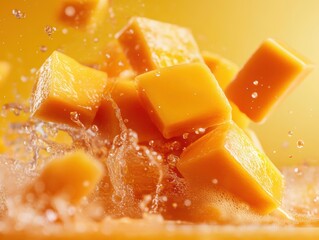 Fresh mango cubes splash into water creating vibrant droplets in a sunny kitchen setting