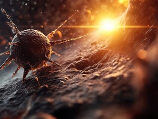 Close-up view of a virus particle illuminated by light in a microscopic environment