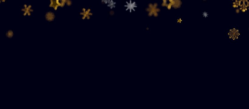 Abstract winter background with falling golden and silver snowflakes and stars on a dark blue background. Festive Christ - Powered by Adobe
