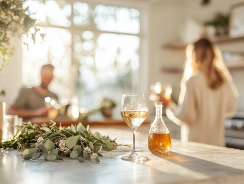 Elegant wine tasting in a bright kitchen with fresh greenery and relaxed conversations