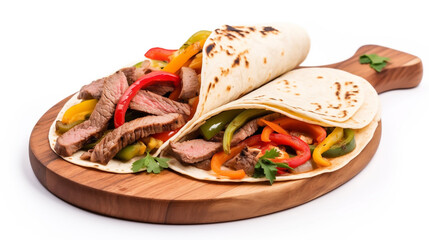 Deliciously prepared steak fajitas with colorful bell peppers and onions served on a rustic wooden board