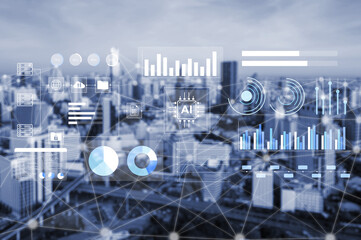 A modern city skyline showcasing advanced data visualization overlays that include graphs, charts, and AI elements, highlighting urban technology and innovation. Gantry