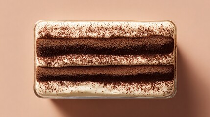 Artistic top view of tiramisu layers, creamy tones, pale apricot backdrop, modern minimal food layout with elegant typography space
