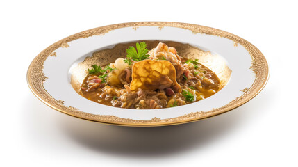 Rich and hearty stew with tender meat and vegetables served in an ornate bowl