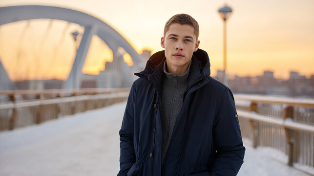 A young man smiles in a snowy winter forest. A guy walks outside in a park. Portrait of a man in the fresh air in winter. An active lifestyle in winter during vacation or holidays.
