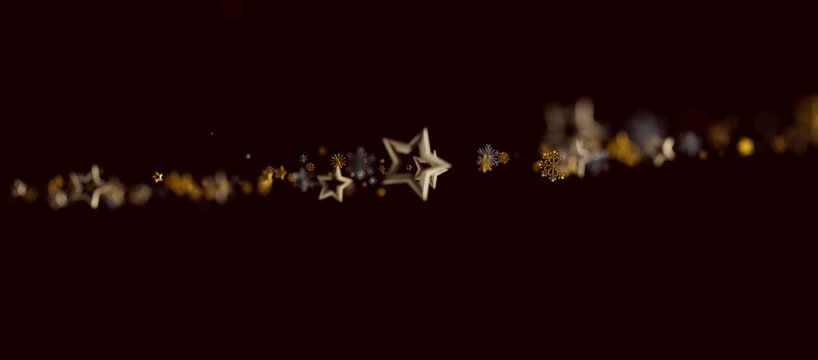 Abstract star and snowflake particle trails over dark background with golden lights. Perfect for design templates, chris