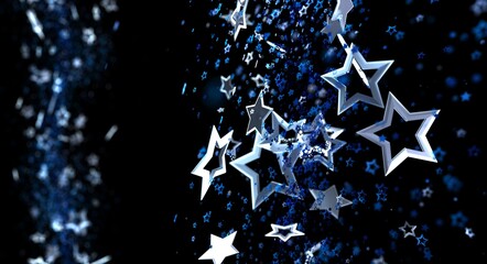 Abstract image with blue and white stars floating against a black background. Perfect for holiday themes, celebrations,