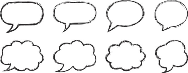 Fototapeta premium Set of eight black and white hand drawn speech bubbles