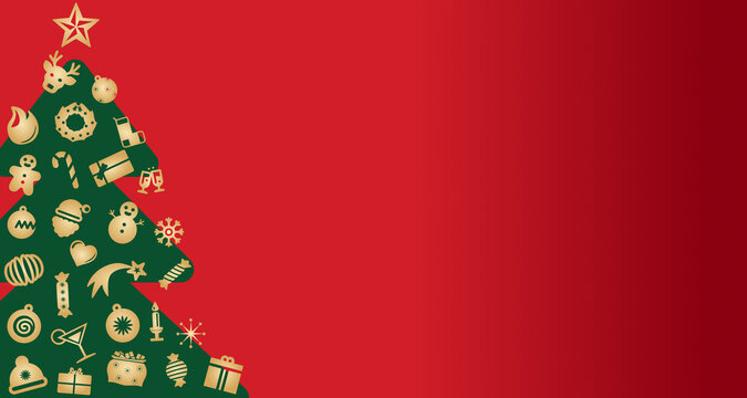 Festive red gradient Christmas background with a decorative icon tree. Ideal for presentations, greeting cards, posters, invitations, banners, and holiday marketing materials.